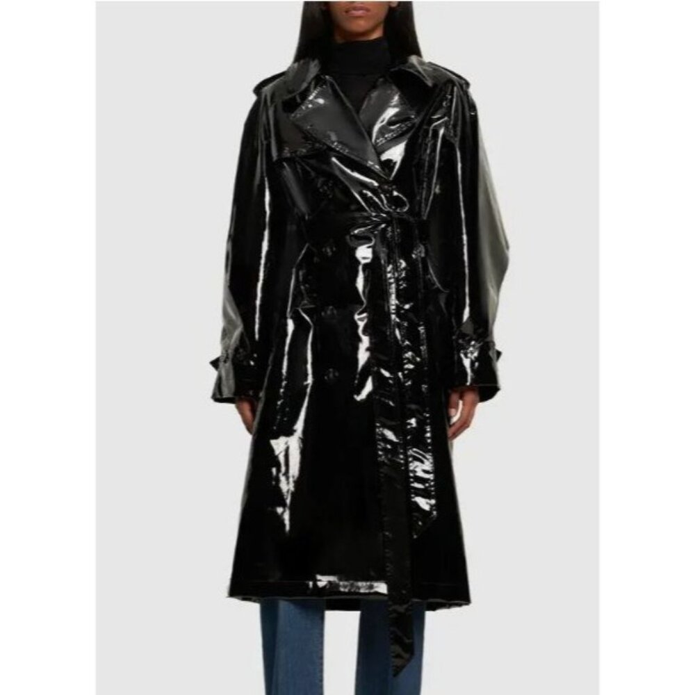 NWT $8k Alexandre Vauthier Full-Length Black Patent Leather Trench Size Small